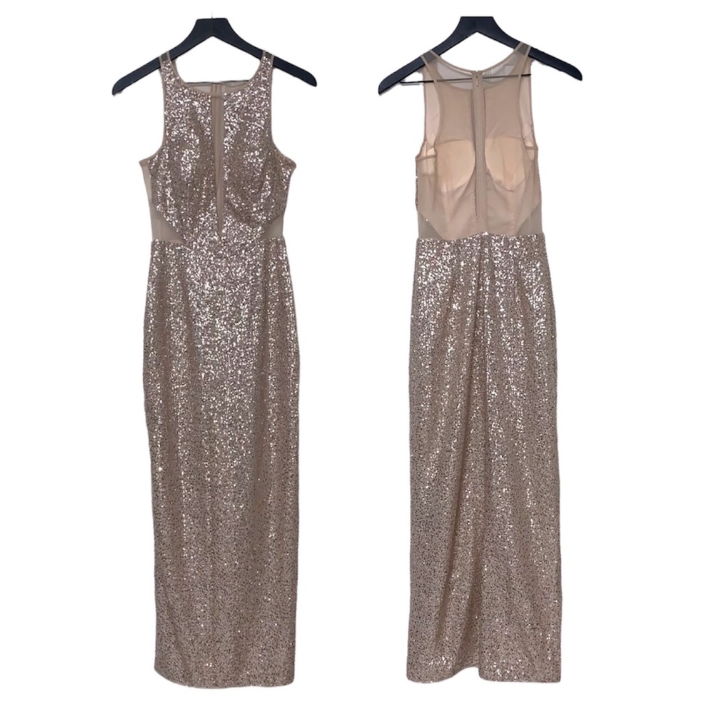 AIDAN BY AIDAN MATTOX Champagne Silver Halter Sequin Illusion Cut Open Back Gown
